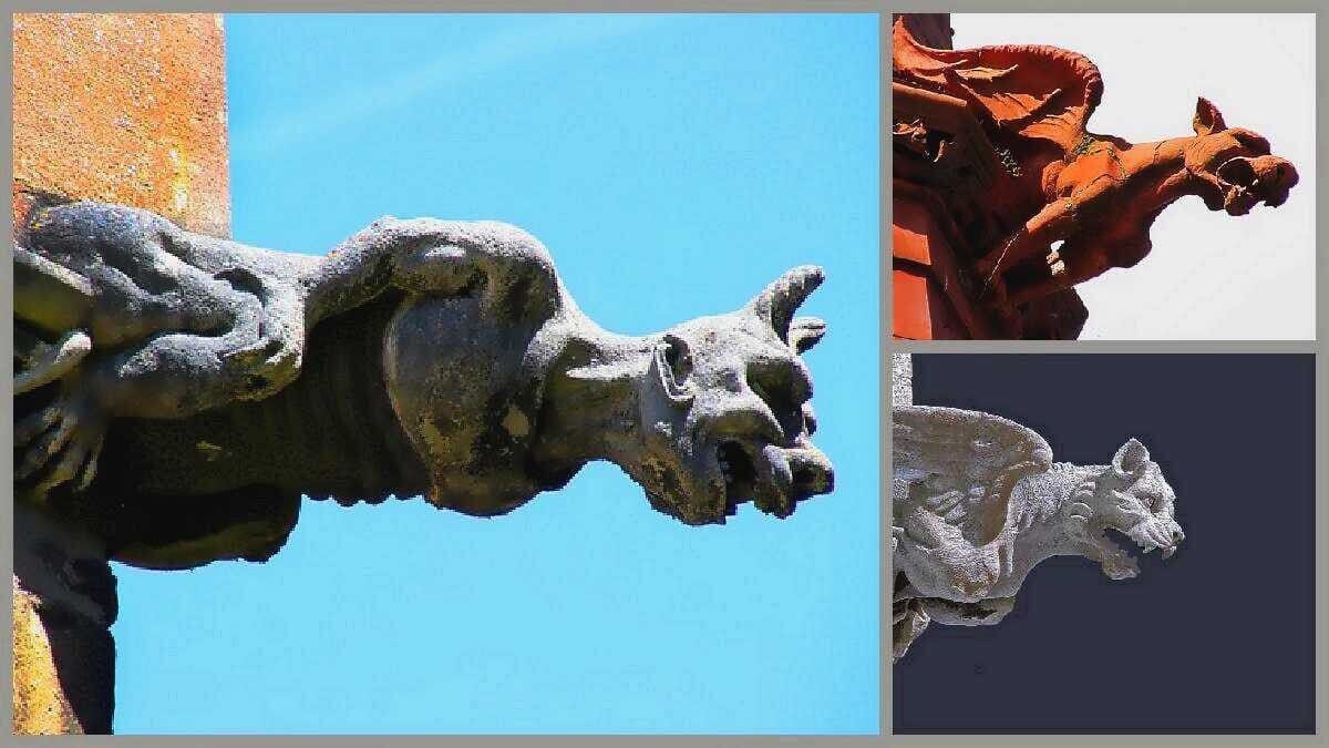 Wasserspeier Gargoyle Steinfigur, die ein Mischwesen darstellt, mit detaillierter Skulptur und ausgeprägten Merkmalen.