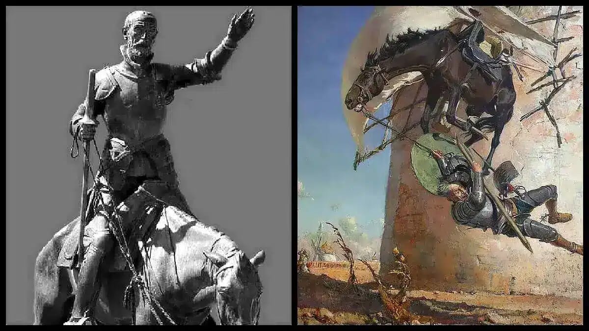 Darstellung von Don Quijote, der auf einem Pferd reitet und einen Speer hält, inspiriert von Miguel de Cervantes.