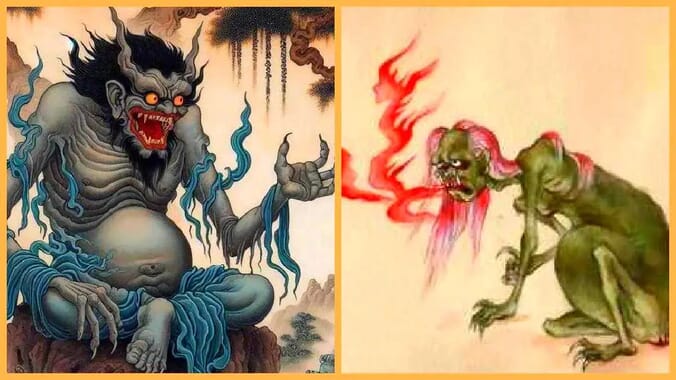 Pretas - Aussehen und Gestalt 2 Dämonenartige Kreaturen, die negative Energien und Konsequenzen symbolisieren, passend zum Thema Karma und seine Auswirkungen.