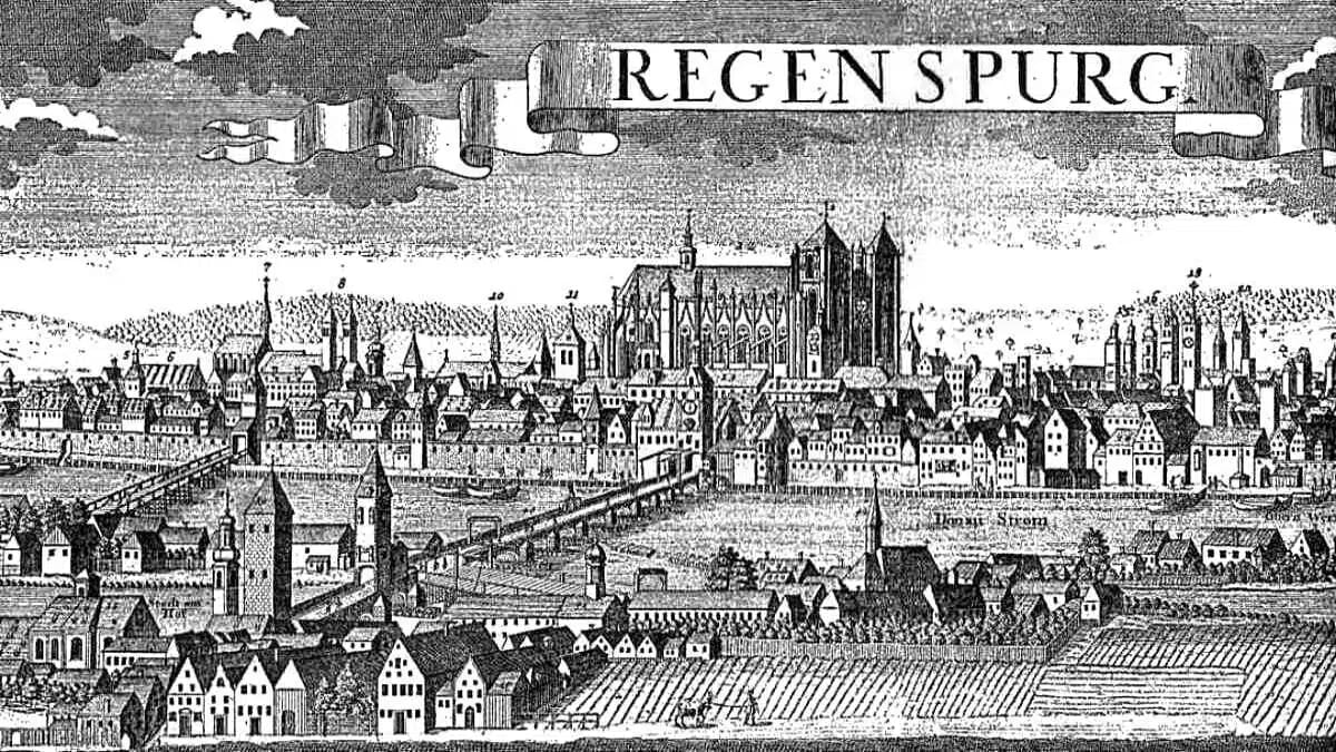 Regensburg – Kupferstich Topographie und Geschichte, historisches Stadtbild