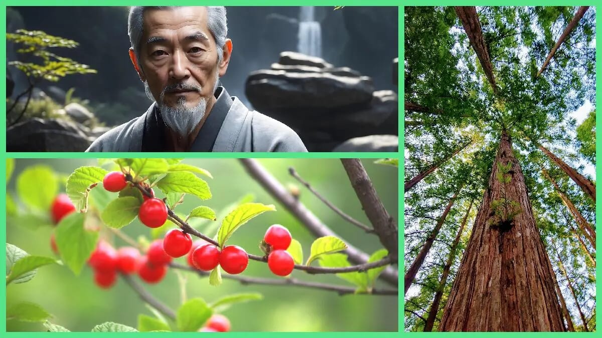 Zhang Guolao, Daoismus, rot-grüne Früchte, hochragender Baum