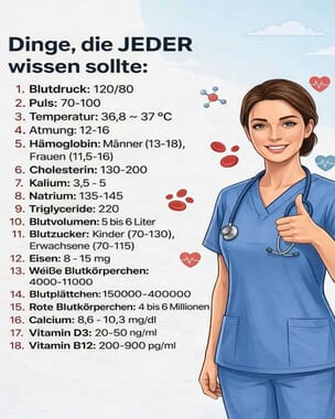 Basis-Vital-Werte der Gesundheit 3 Gesundheits-Check mit Blutdruck, Herzfrequenz und Vitaminen, medizinisches Personal in blauer Uniform, informative Illustration.