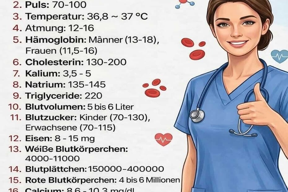 Basis-Vital-Werte der Gesundheit 1 Gesundheits-Check mit Blutdruck, Herzfrequenz und Vitaminen, medizinisches Personal in blauer Uniform, informative Illustration.