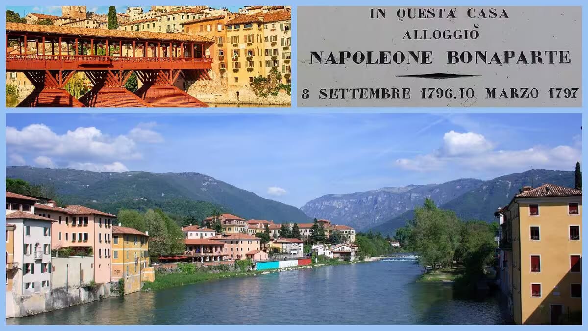 Blick auf Bassano del Grappa in Venetien, mit Ponte Vecchio über die Brenta und einer Einblendung zu Napoleon Bonaparte sowie den Bergen des Monte Grappa.