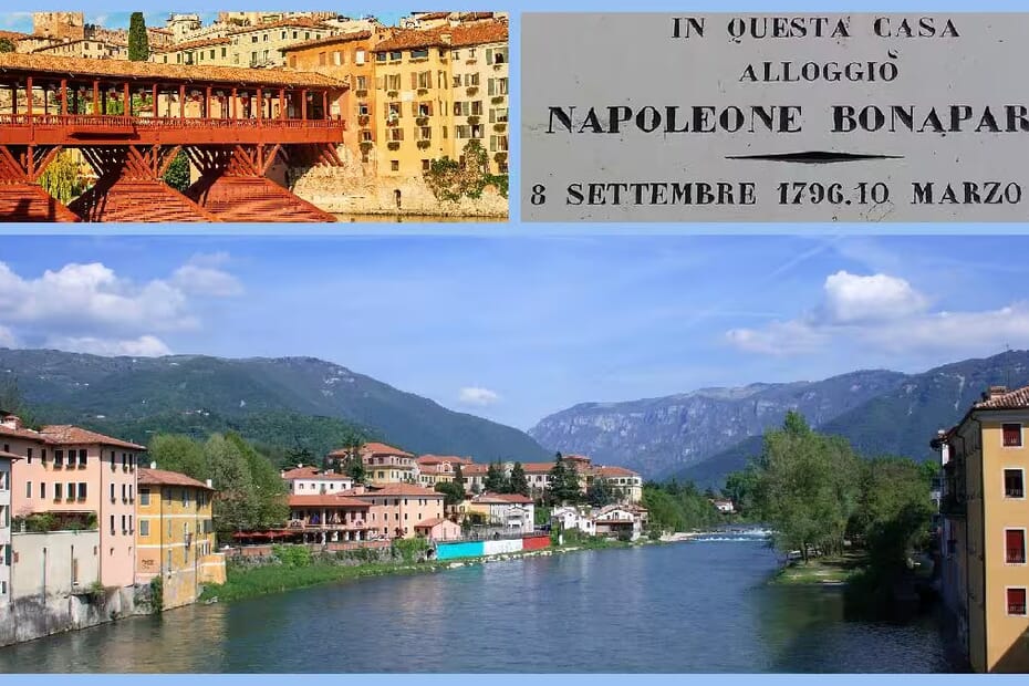 Bassano del Grappa 1 Blick auf Bassano del Grappa in Venetien, mit Ponte Vecchio über die Brenta und einer Einblendung zu Napoleon Bonaparte sowie den Bergen des Monte Grappa.