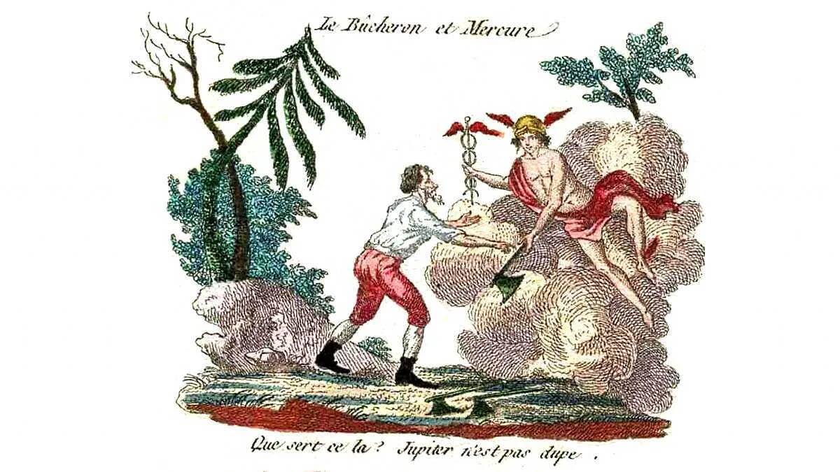 Holzfäller und Hermes - Merkur · Fabel aus alter Zeit · Wahrheit