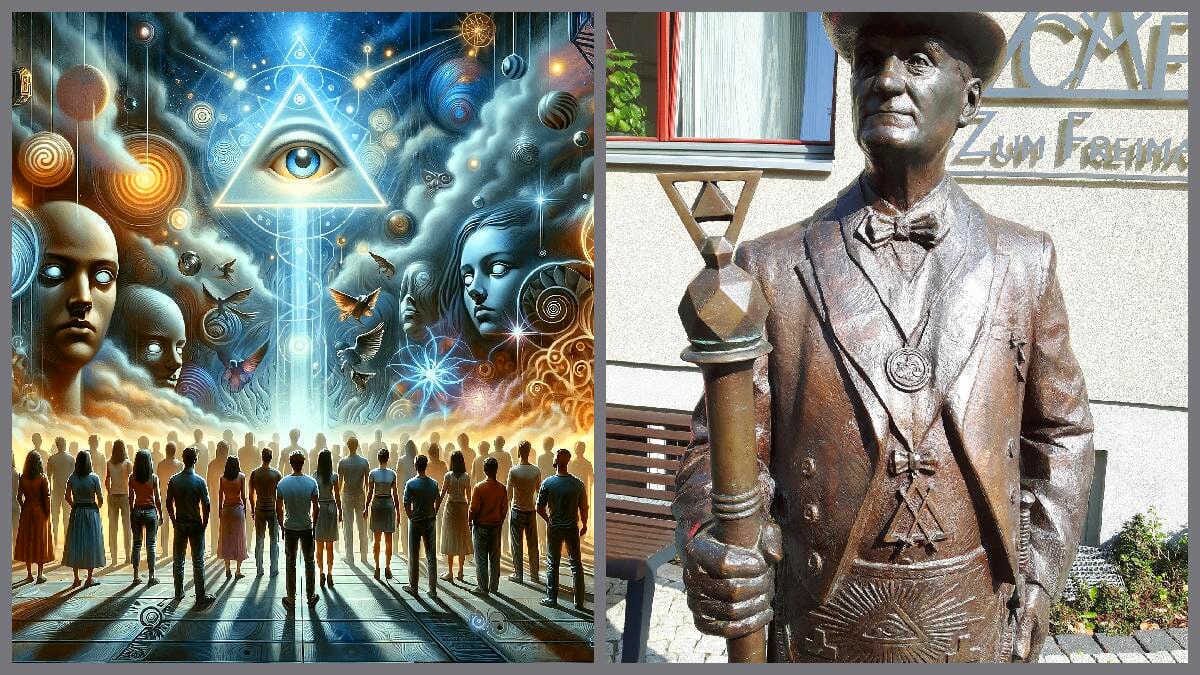 Eine geteilte Darstellung verbindet das Illuminaten-Thema mit Freimaurer-Symbolik, Adam Weishaupt und einer Statue vor dem Gebäude.