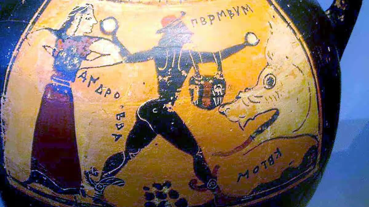 Ein griechisches Vasenbild zeigt Perseus zwischen Andromeda und einem Drachen in einer Szene aus der Sage.