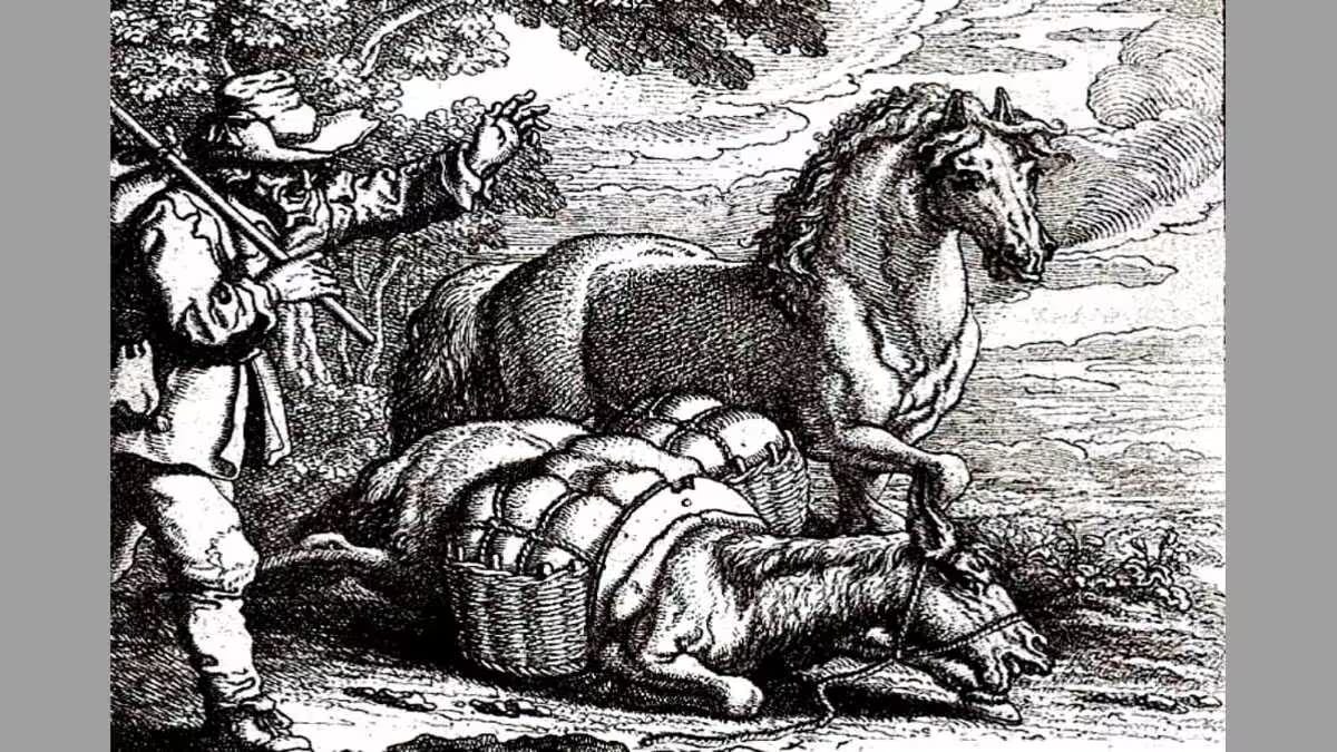Ein Pferd und ein Esel tragen schwere Lasten, während ein Bauer sie auf dem Weg zum Markt begleitet, in Brants Fabel vom Helfen.