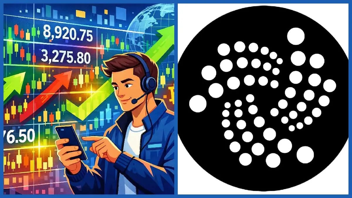 Kurscharts und Pfeile treffen auf das IOTA-Logo, während ein Nutzer per Smartphone Werte für den Datenaustausch zwischen Menschen und Maschinen prüft.