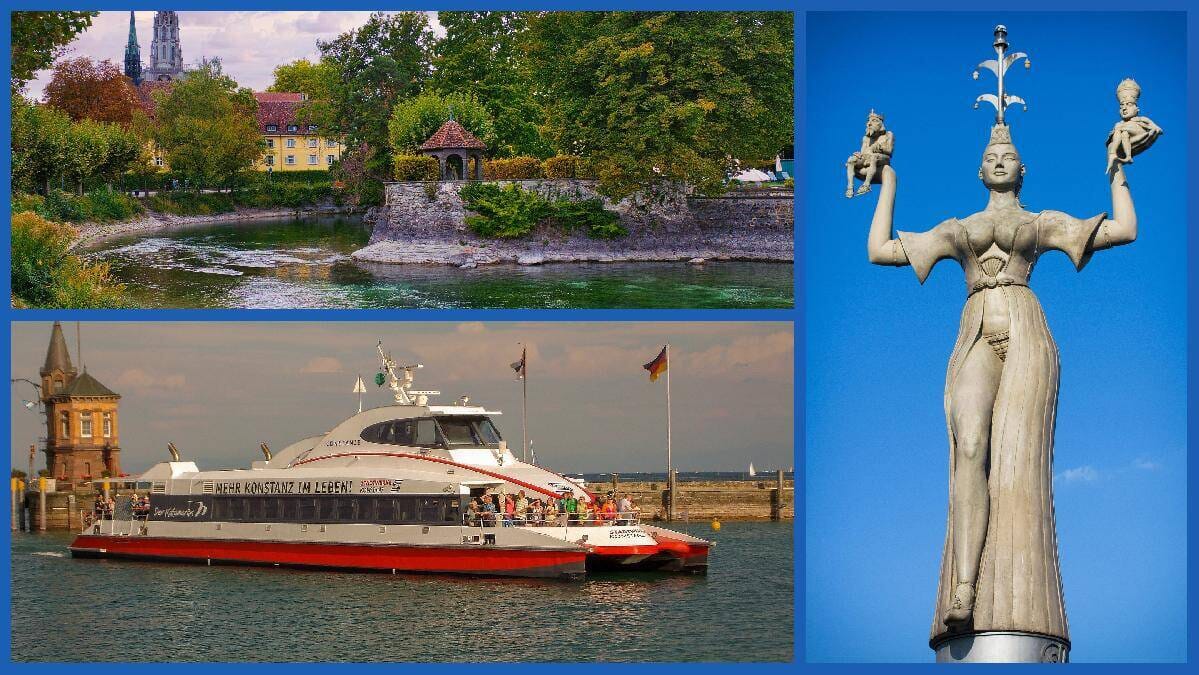 Blick auf Konstanz am Bodensee mit der Imperia, einer Hafenfähre und einer Uferansicht mit Kirche.