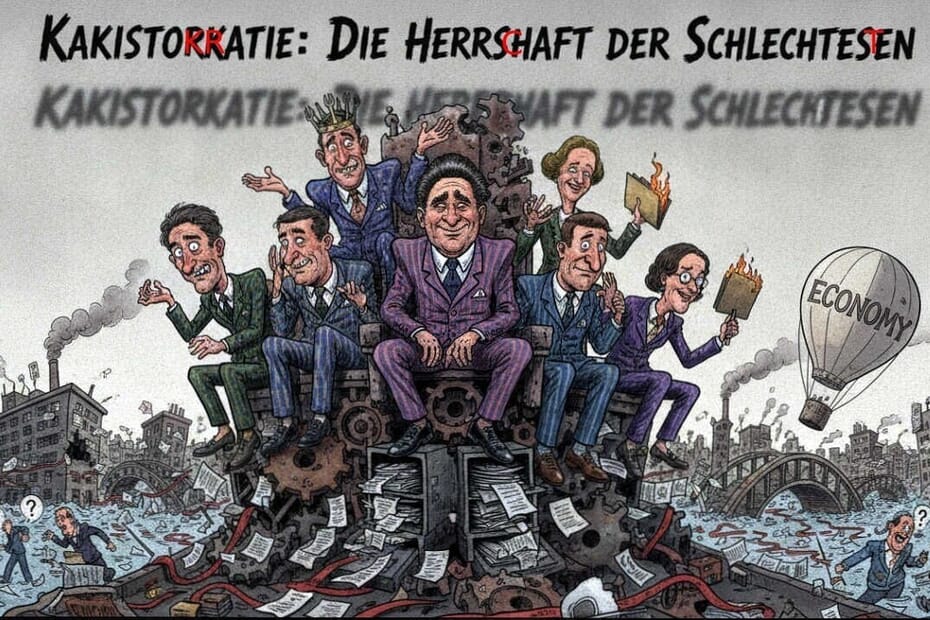 Kakistokratie - Herrschaft 4 Politiker sitzen auf einem Thron aus Akten und Zahnrädern, während eine zerstörte Stadt im Chaos versinkt.