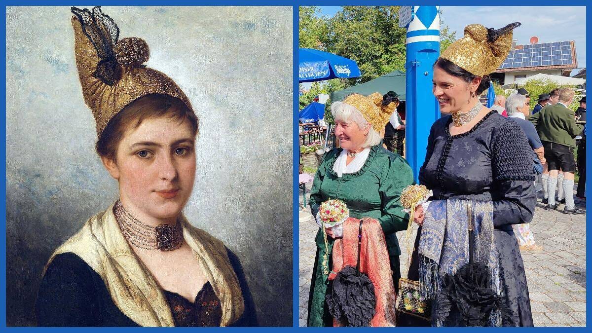 Zwei Goldhaubenfrauen in festlicher Tracht neben einem historischen Porträt mit kunstvoller niederbayerischer Goldhaube