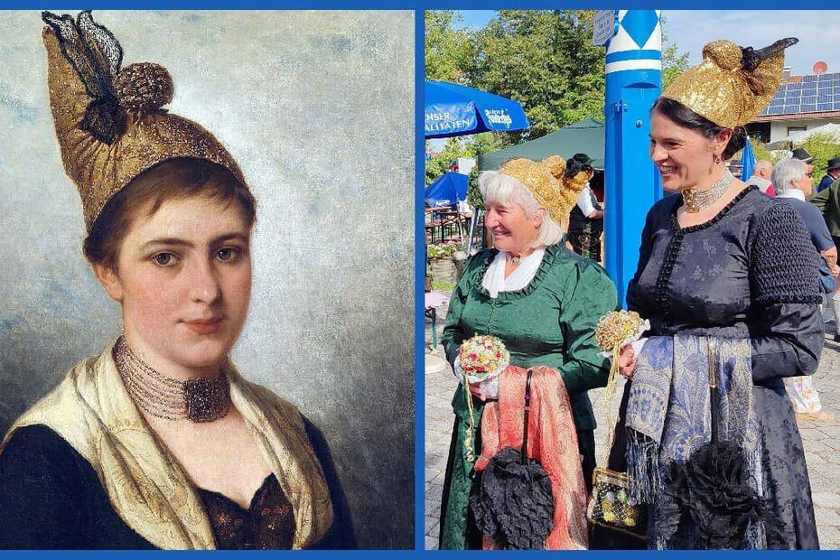 Niederbayerische Goldhaube 2 Zwei Goldhaubenfrauen in festlicher Tracht neben einem historischen Porträt mit kunstvoller niederbayerischer Goldhaube