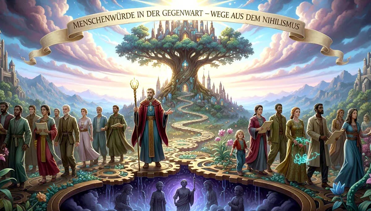 Fantasievolle Illustration zur Menschenwürde in der Gegenwart mit einer großen Baum-Metapher und Menschen, die sich um ihn versammeln.