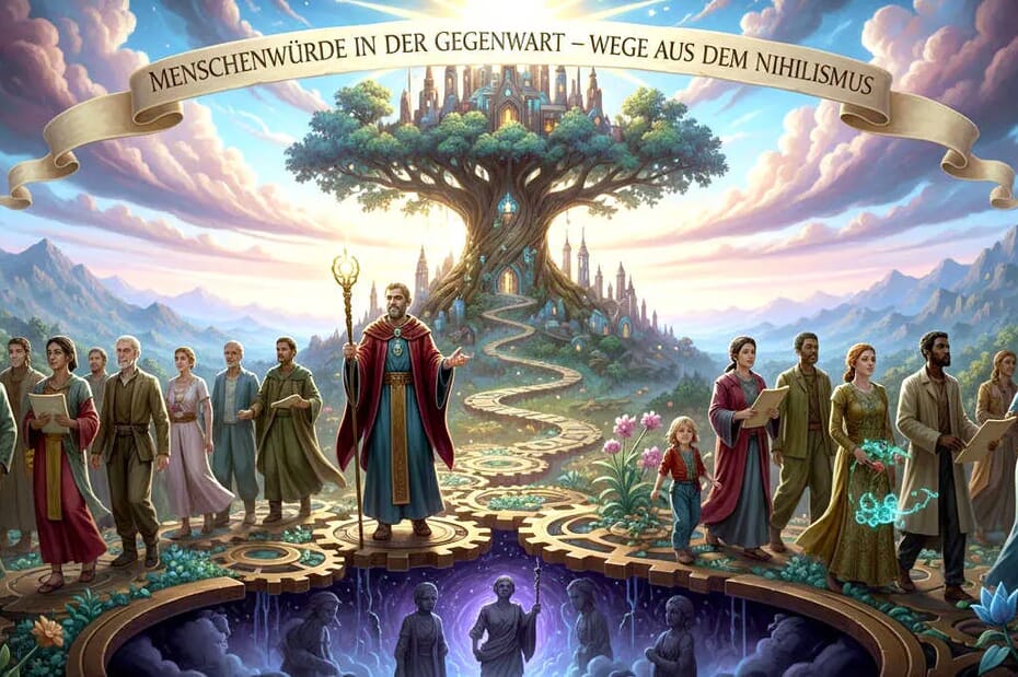 Menschenwürde in der Gegenwart 1 Fantasievolle Illustration zur Menschenwürde in der Gegenwart mit einer großen Baum-Metapher und Menschen, die sich um ihn versammeln.